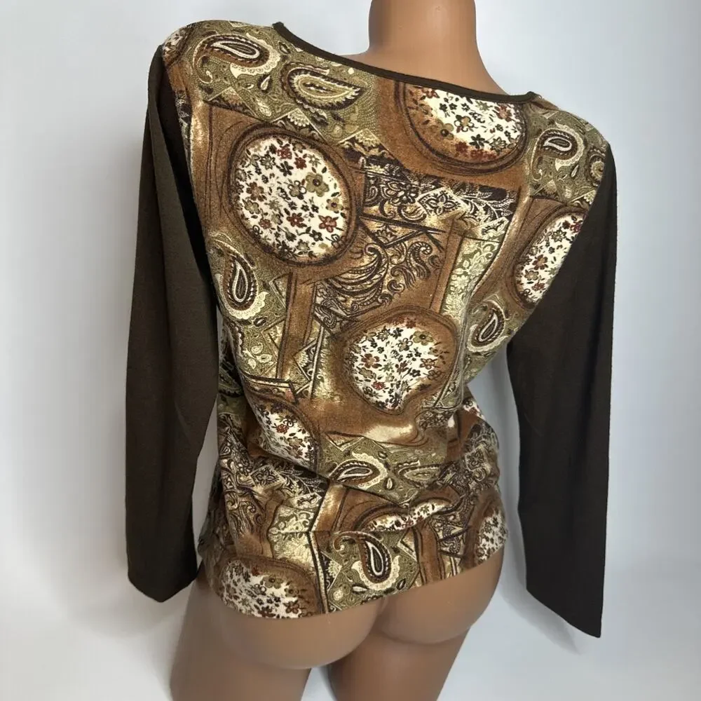 Vintage Y2K Brown Baroque Paisley Top M Whimsigoth Fairy Grunge Long Sleeve Boho